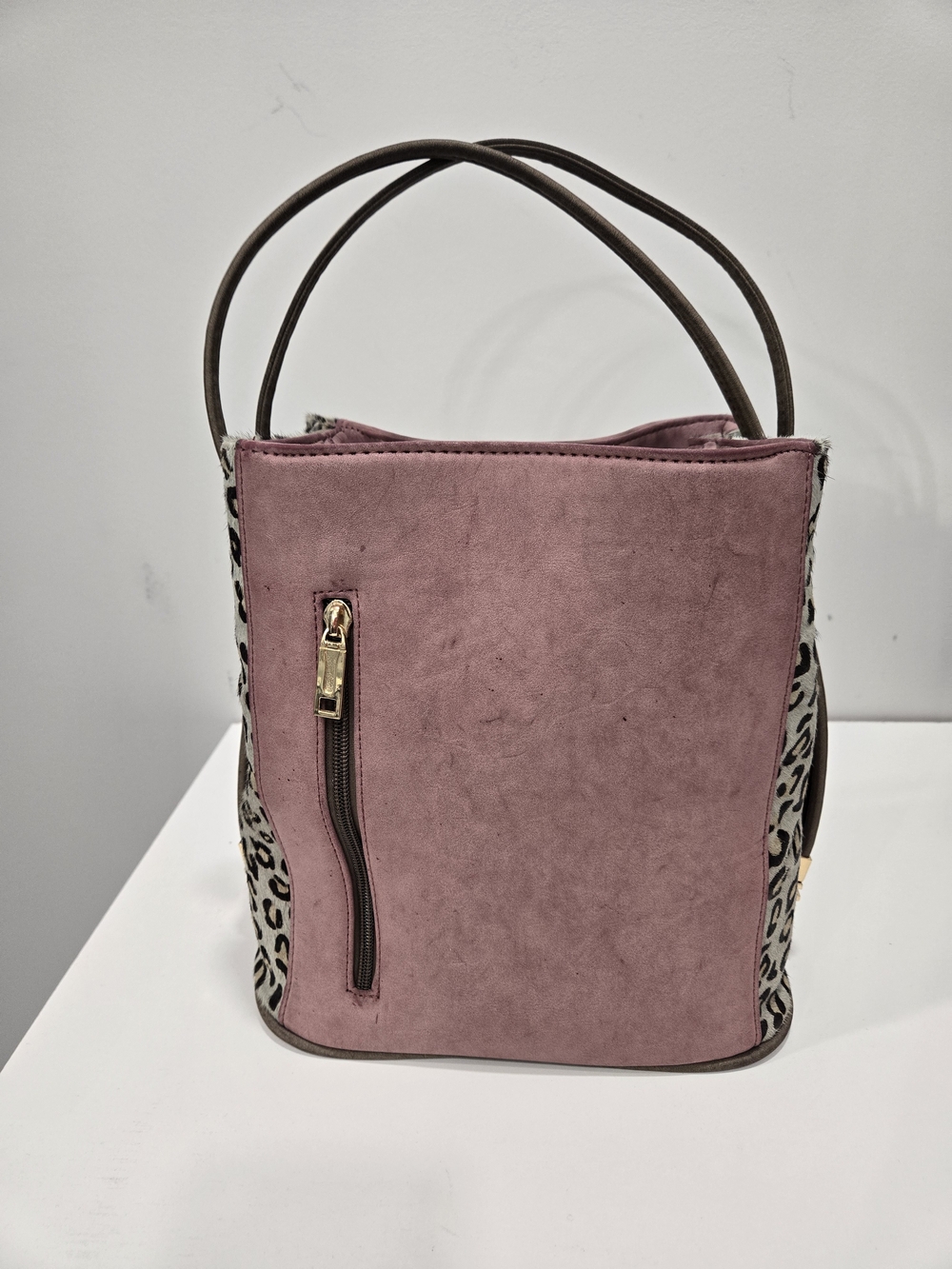 Women’s Suede-Style Mauve Tote Bag with Leopard Accents